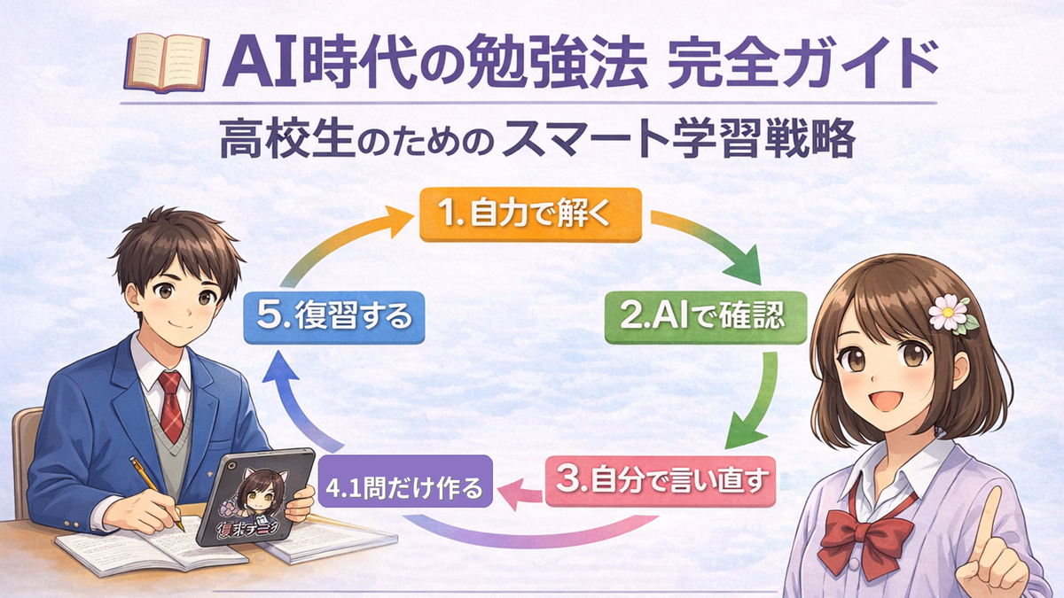 ：AI勉強の5ステップ（自力→AI確認→言い直し→1問化→復習）を示す高校生向け図解