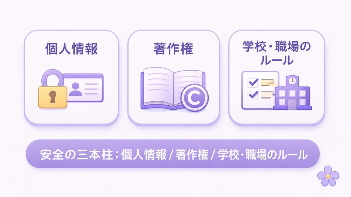 ChatGPTを安全に使うために個人情報・著作権・学校や職場のルールを確認する三本柱を示す図