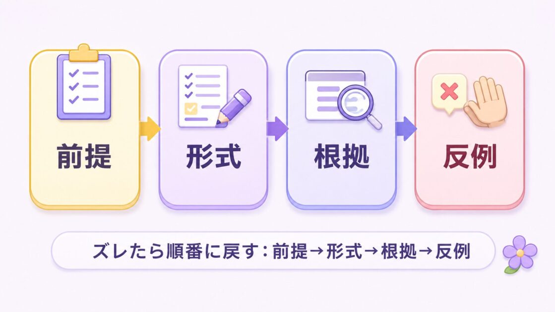 alt="ChatGPTの回答がズレたときに前提・形式・根拠・反例の順番で確認する流れを示す図"