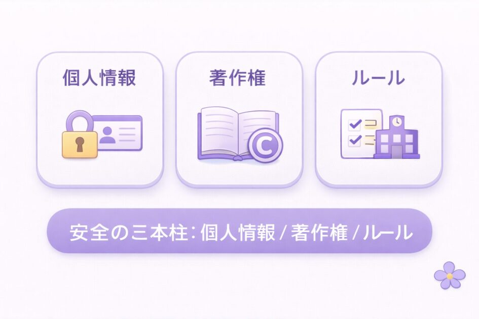個人情報と著作権と学校職場ルールの三つの安全ラインを示す図