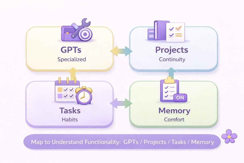 GPTsとProjectsとTasksとMemoryの位置付けを示す機能地図