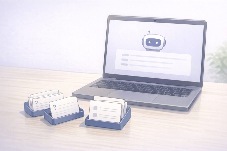 AIで整理した暗記カードの例を机の上に並べた図で、短い問いと短い答えに分ける使い方を理解しやすくする挿絵