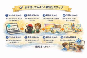 画像生成AIを最短で始める5手順としてツール選び・主役・舞台・作風・生成と微調整を示す図