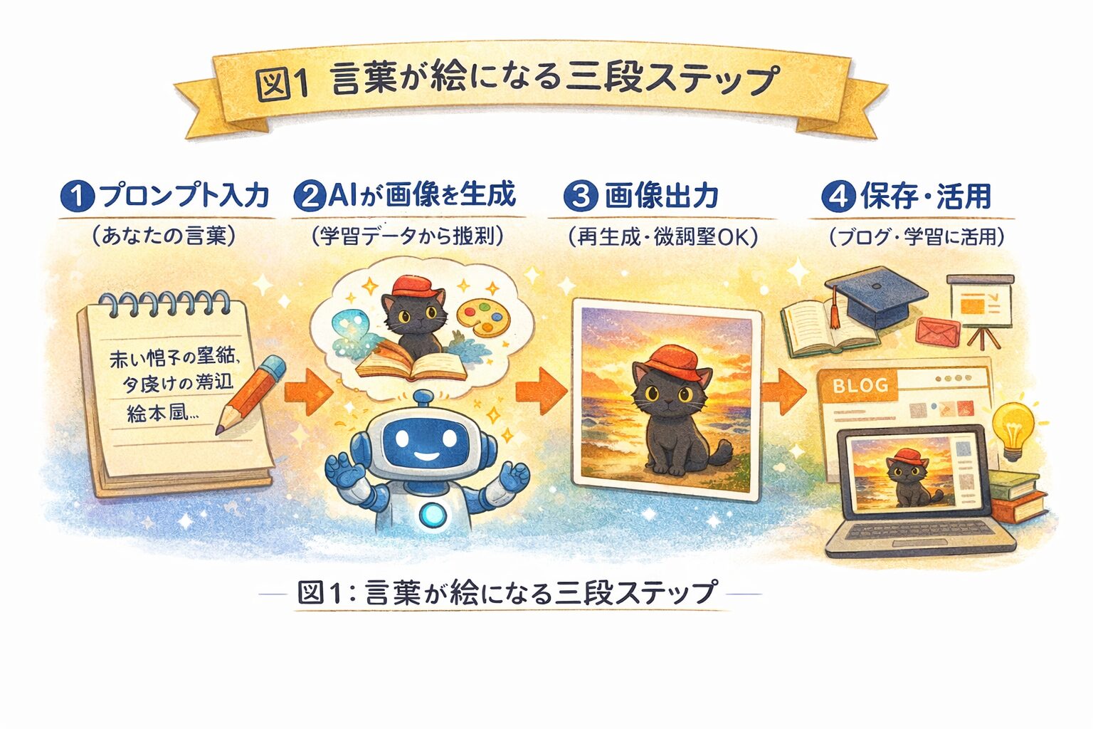 プロンプト入力→AI生成→画像出力→保存・活用の4手順を示す画像生成AIの流れ図