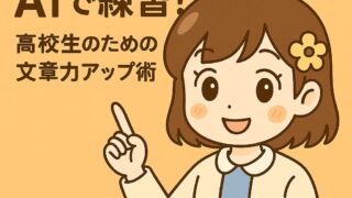 もこあい先生が高校生向けにChatGPTを使ったレポート・小論文の練習方法を紹介しているイラスト