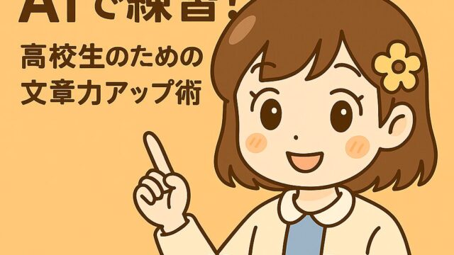 もこあい先生が高校生向けにChatGPTを使ったレポート・小論文の練習方法を紹介しているイラスト