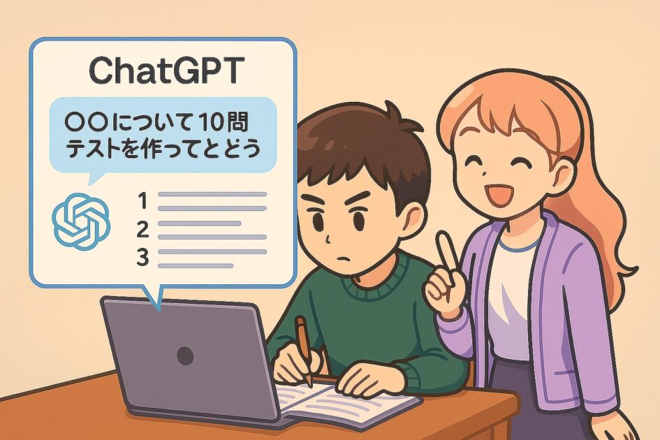 もこあい先生がノートPCでChatGPTにクイズを作らせ、学生が驚いているシーン。自然な髪型のもこあい先生。