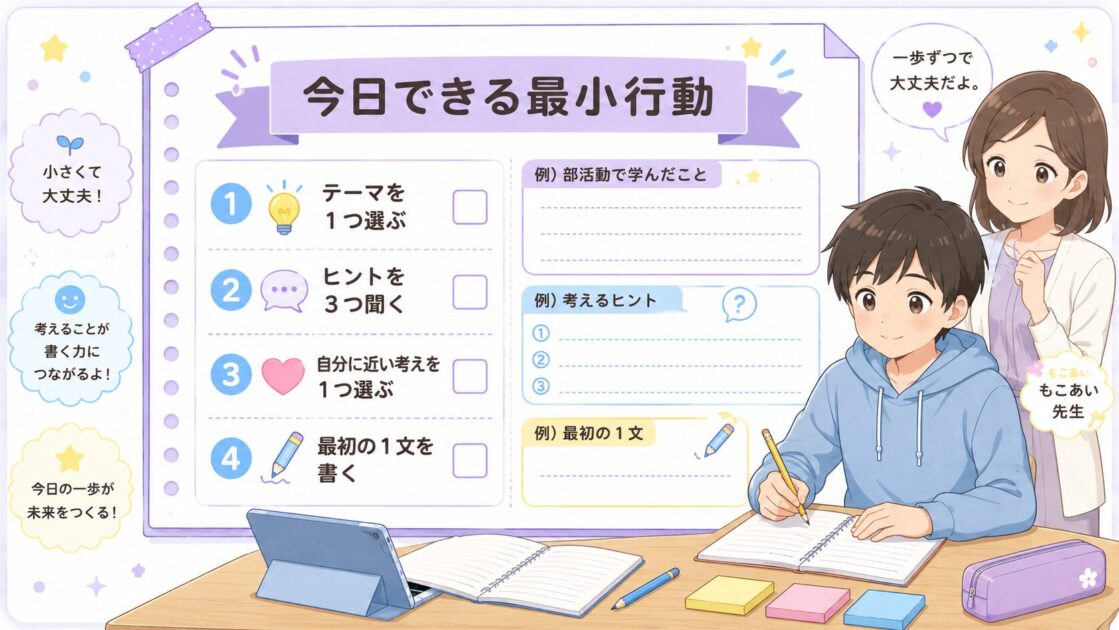 作文が苦手な中学生向けにテーマを1つ選びChatGPTでヒントを出して最初の1文を書く最小行動シート