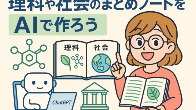 もこあい先生がChatGPTで理科や社会のまとめノートを作る方法を解説しているイラスト