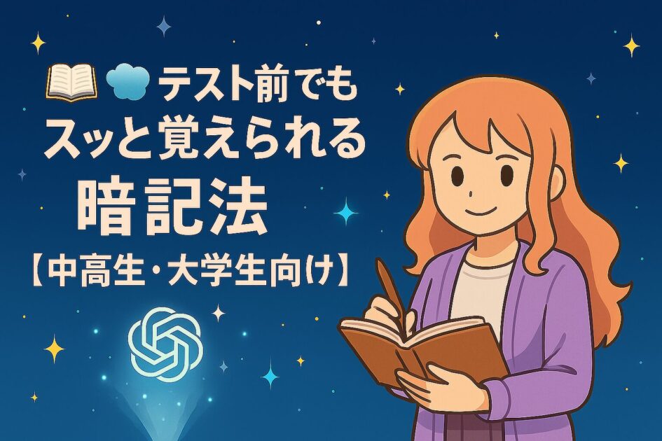 📚🧠 テスト前でもスッと覚えられる暗記法【中高生・大学生向け】』のタイトル入りアイキャッチ画像。猫耳のない自然な髪型のもこあい先生がノートを持って微笑んでいる。