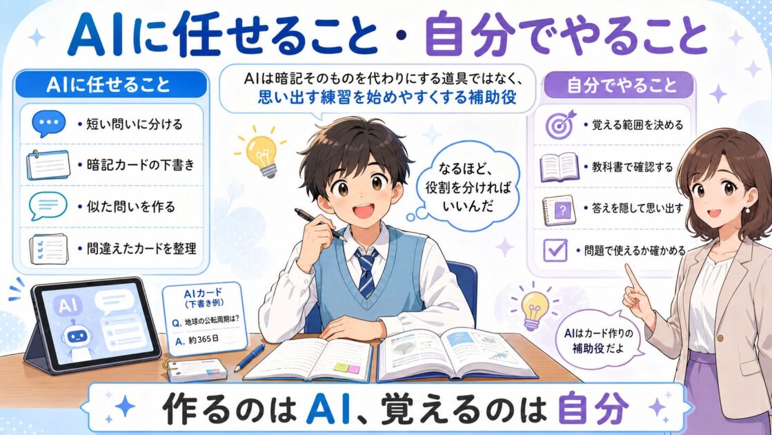 AIに任せることと高校生が自分で行うことを分け、暗記カード作りと自力で思い出す練習の役割を示した図