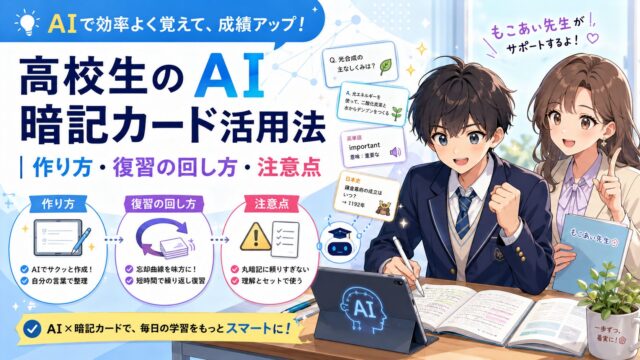 高校生がAIを使って暗記カードを作り、復習の回し方や注意点を確認しているアイキャッチ画像
