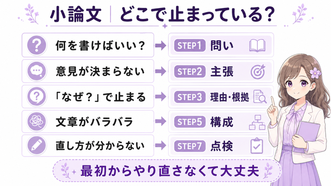 小論文でつまずいている場所から「問い・主張・理由と根拠・構成・点検」の戻るSTEPを探す30秒診断
