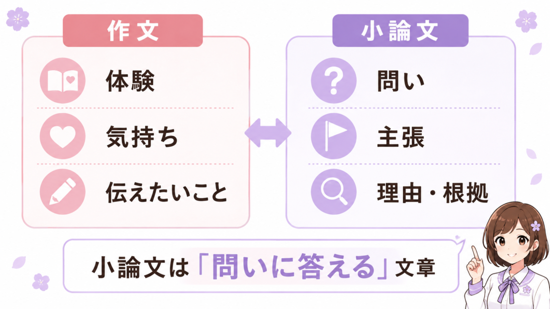 作文は体験や気持ち、小論文は問い・主張・理由・根拠を中心に書くことを比較した図