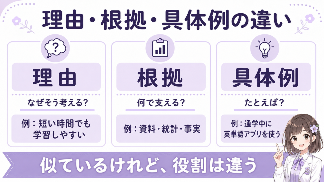 小論文で使う「理由・根拠・具体例」の役割を「なぜ・何で支える・たとえば」で比較した図