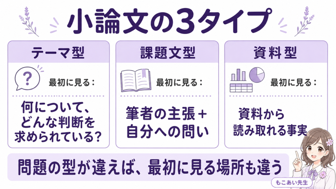 小論文のテーマ型・課題文型・資料型で最初に見るポイントを比較した図