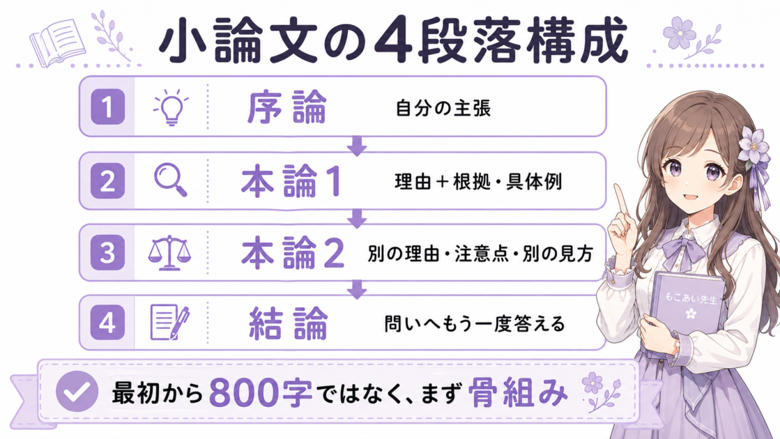 小論文を序論・本論1・本論2・結論の4段階で組み立てる基本構成図