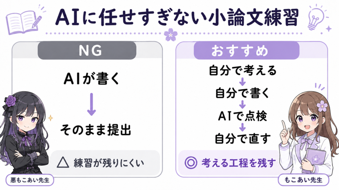 AIに小論文を書かせてそのまま使う方法と、自分で書いてAIで点検して自分で直す方法を比較した図