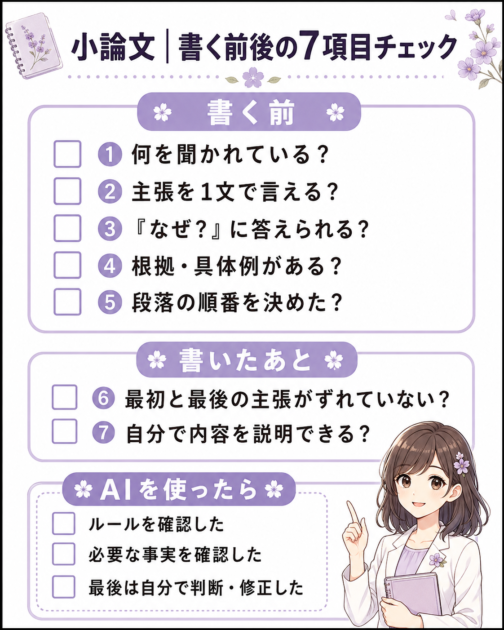 小論文を書く前の5項目と書いた後の2項目、AI利用時の確認事項をまとめた7項目チェックリスト