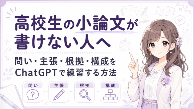 高校生の小論文が書けない人へ、問い・主張・根拠・構成をChatGPTで練習する方法を紹介するアイキャッチ画像