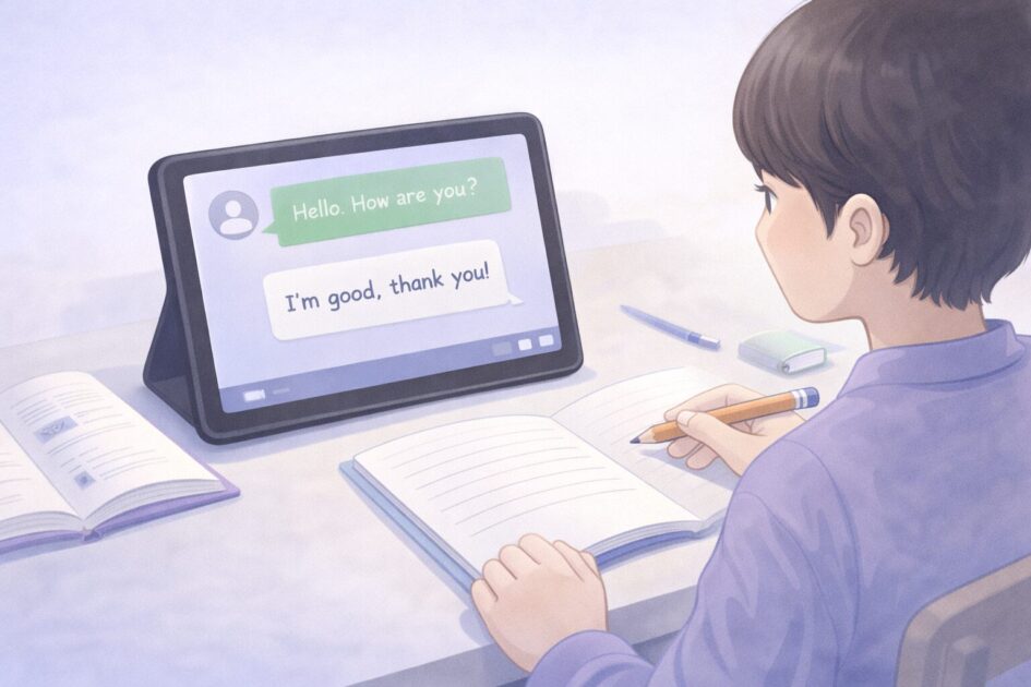 ChatGPTを相手に英会話を1往復ずつ練習する中学生の挿絵