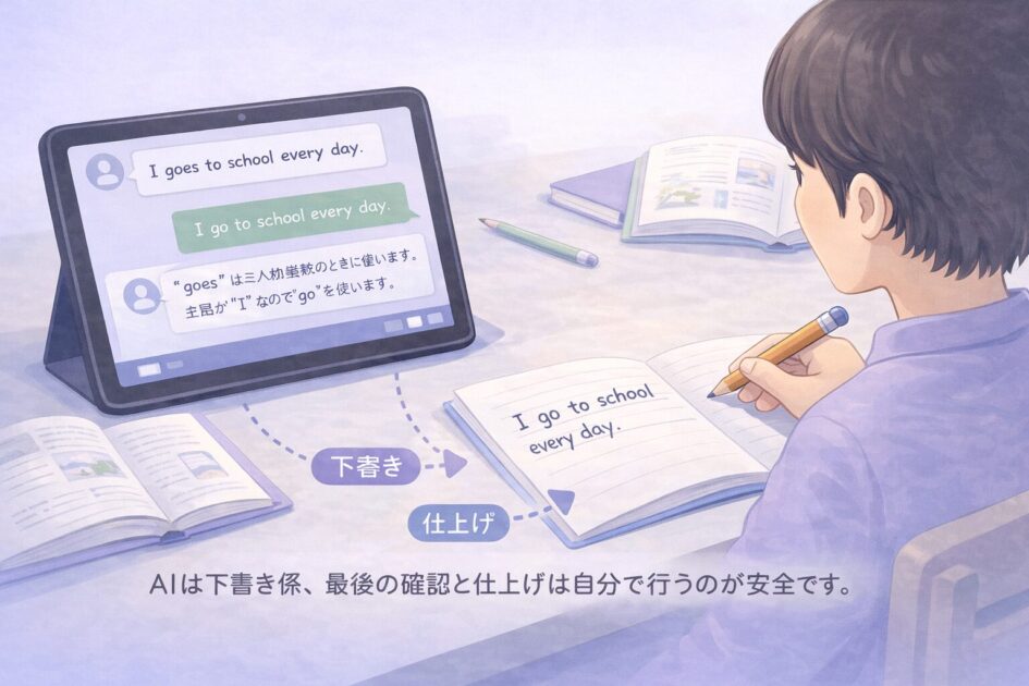 AIは下書きまでで最後は自分で確認するという安全な使い方を示した挿絵