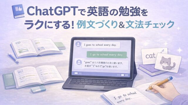 ChatGPTで英語の勉強をラクにする方法として例文づくりと文法チェックを表した中学生向けアイキャッチ画像