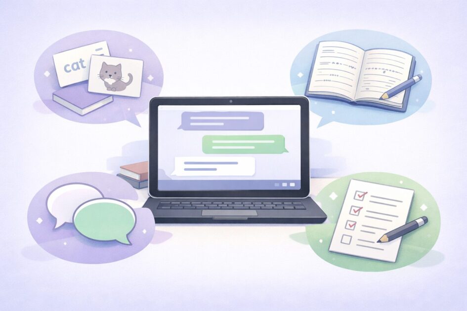 ChatGPTで英語学習に使える単語、英作文、会話、テスト対策の4つの場面を示した図