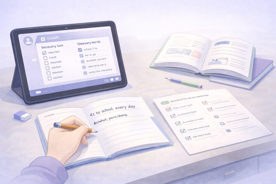 英単語テストや並べかえ問題をChatGPTで作って確認する流れを示した挿絵