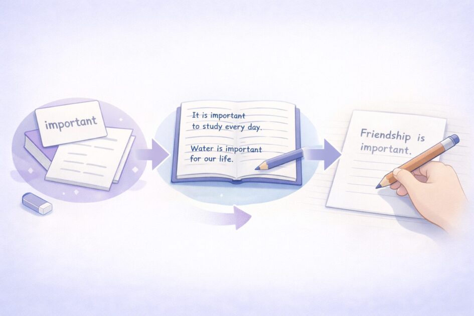 英単語を意味だけでなく例文と自分の1文で覚える流れを示した挿絵