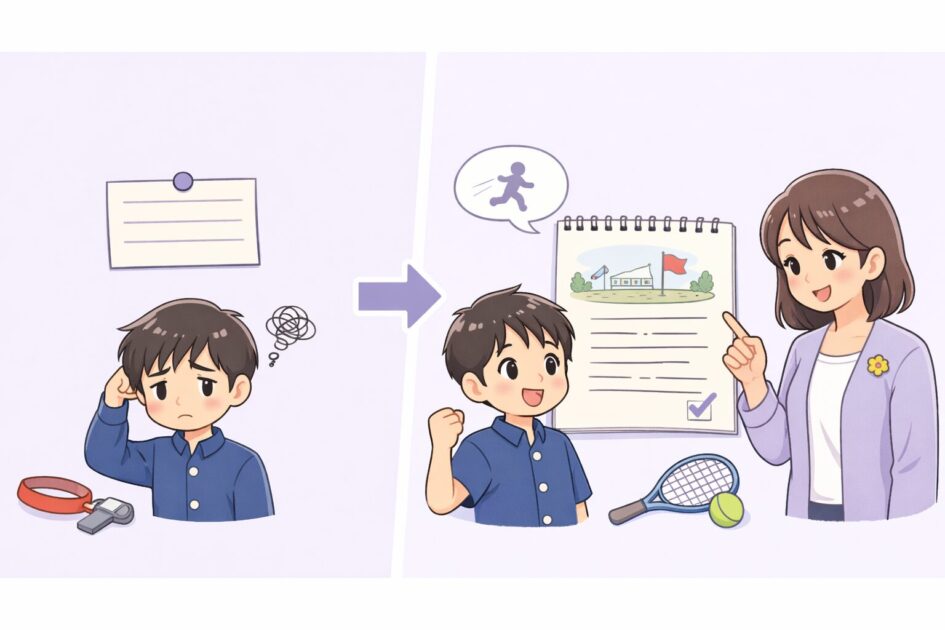 短い作文の文に具体的な内容を1つ足して伝わりやすくする流れを示した挿絵