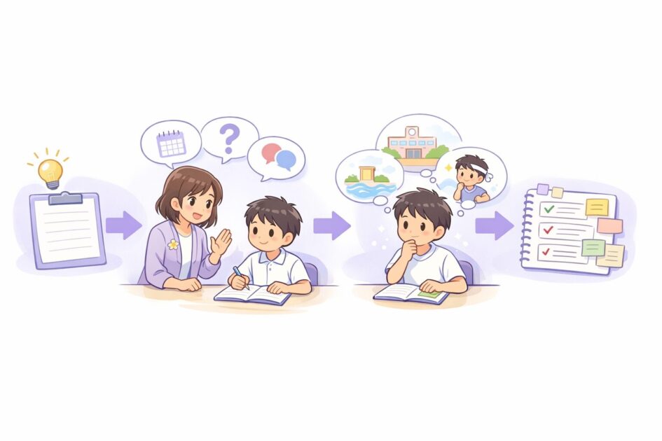 作文のテーマから質問を受けて体験や気持ちを材料として整理する流れを示した挿絵