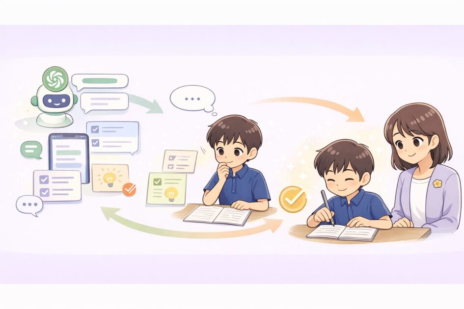 ChatGPTを作文の補助に使い最後は自分の言葉で整える流れを示した挿絵