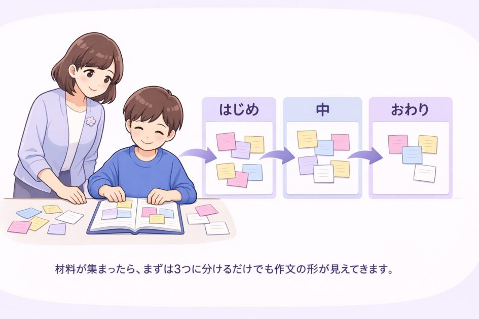 バラバラの作文メモをはじめ・中・おわりの3つに整理する流れを示した挿絵