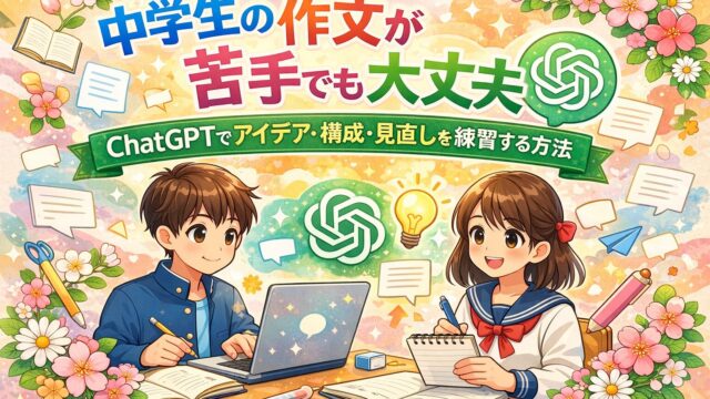 中学生がChatGPTを使って作文のアイデア出しや構成整理や見直しを練習していることを表したアイキャッチ