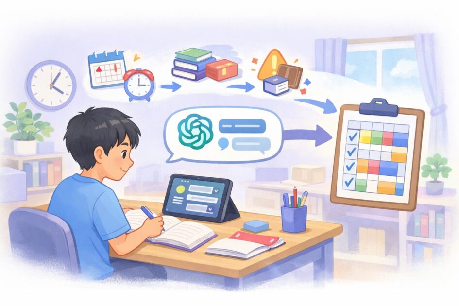 ChatGPTを使って中学生がテスト勉強の計画を立てる流れをやさしく示した挿絵