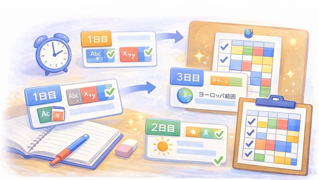 テスト勉強の計画を日ごとの表で見えるようにした考え方を示す挿絵