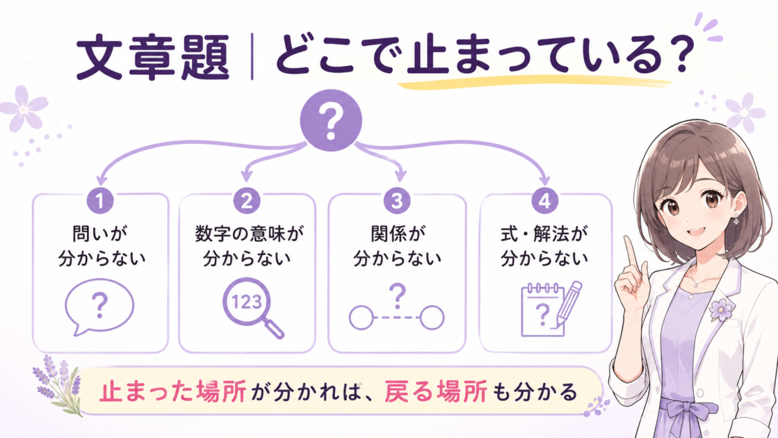 数学の文章題で止まりやすい場所を、問い・数字・関係・式や解法の4種類に分けた診断図