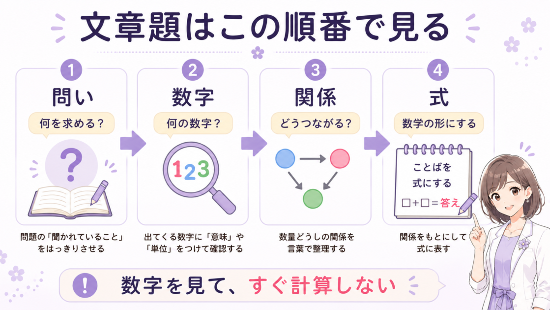 中学生の数学文章題を、問い、数字、関係、式の順番で考える基本フロー