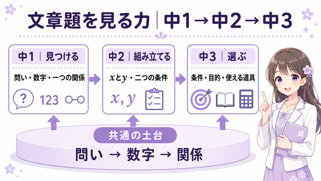 中学生の文章題で、中1は見つける、中2は組み立てる、中3は選ぶと発展する学習ロードマップ