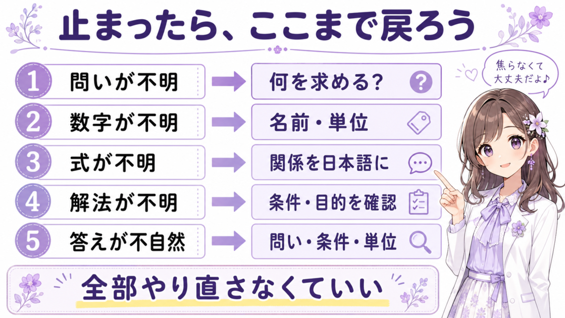 数学の文章題で止まった場所に応じて、問い、数字、関係、条件へ戻る方法を示した図