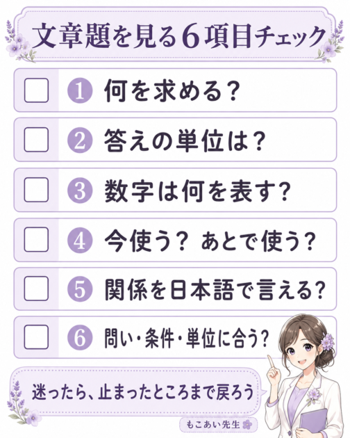 中学生が数学の文章題を解く前後に確認する、問い・単位・数字・関係など6項目のチェックリスト