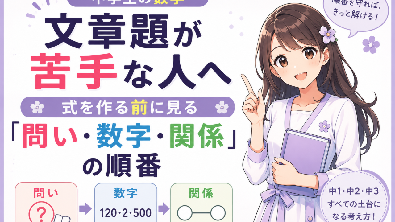 中学生の数学文章題が苦手な人へ、式を作る前に問い・数字・関係を見る順番を示したアイキャッチ
