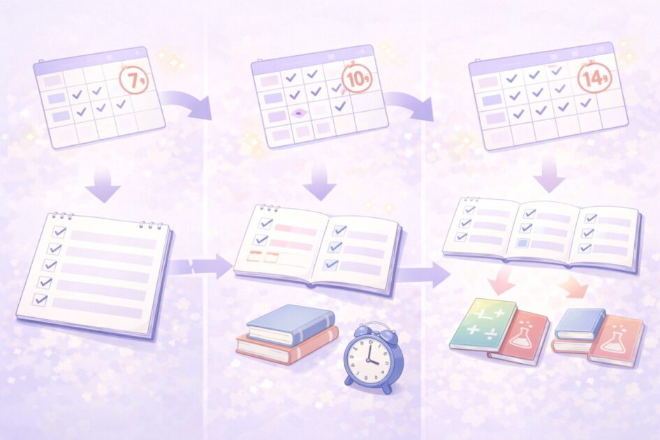 テストまで7日・10日・14日で勉強計画の組み方がどう変わるかを比較した図
