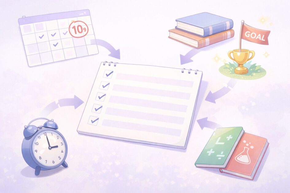 テスト勉強計画を作る前に、日数・範囲・使える時間・苦手教科・目標を整理する流れを示した図