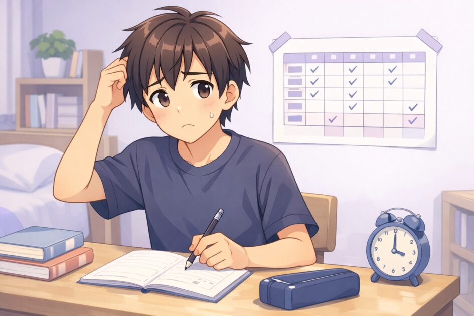 テスト勉強の計画表を前にして、どこから進めればいいか迷っている中学生の健太の挿絵