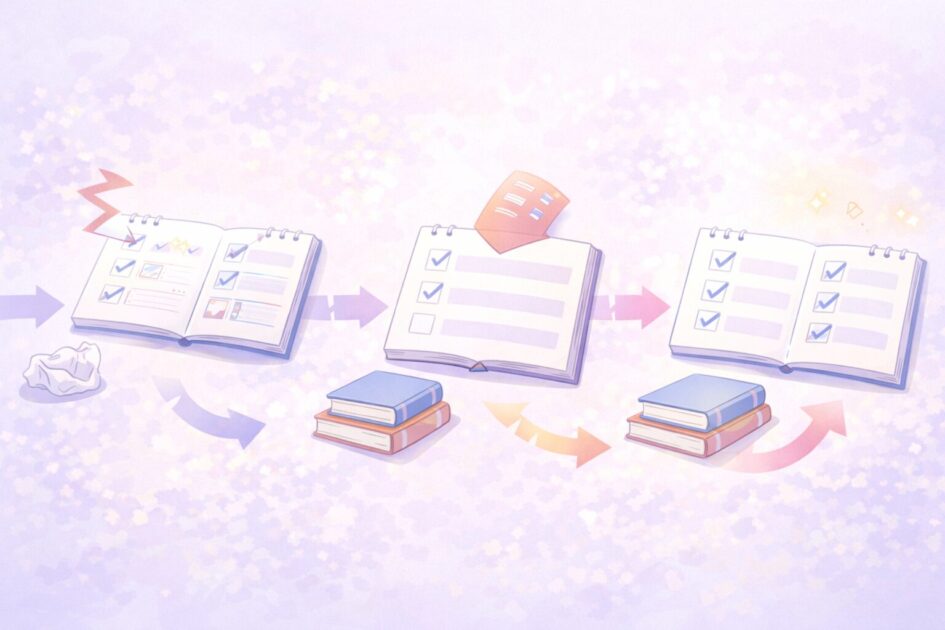 テスト勉強の計画が崩れた時に、やることを絞って少しずつ戻す流れを示した図