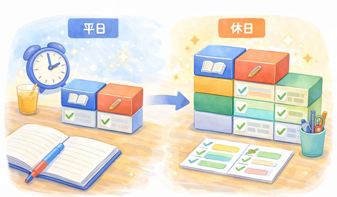 平日は軽めに休日は少し厚めに勉強時間を配分する考え方を示した挿絵