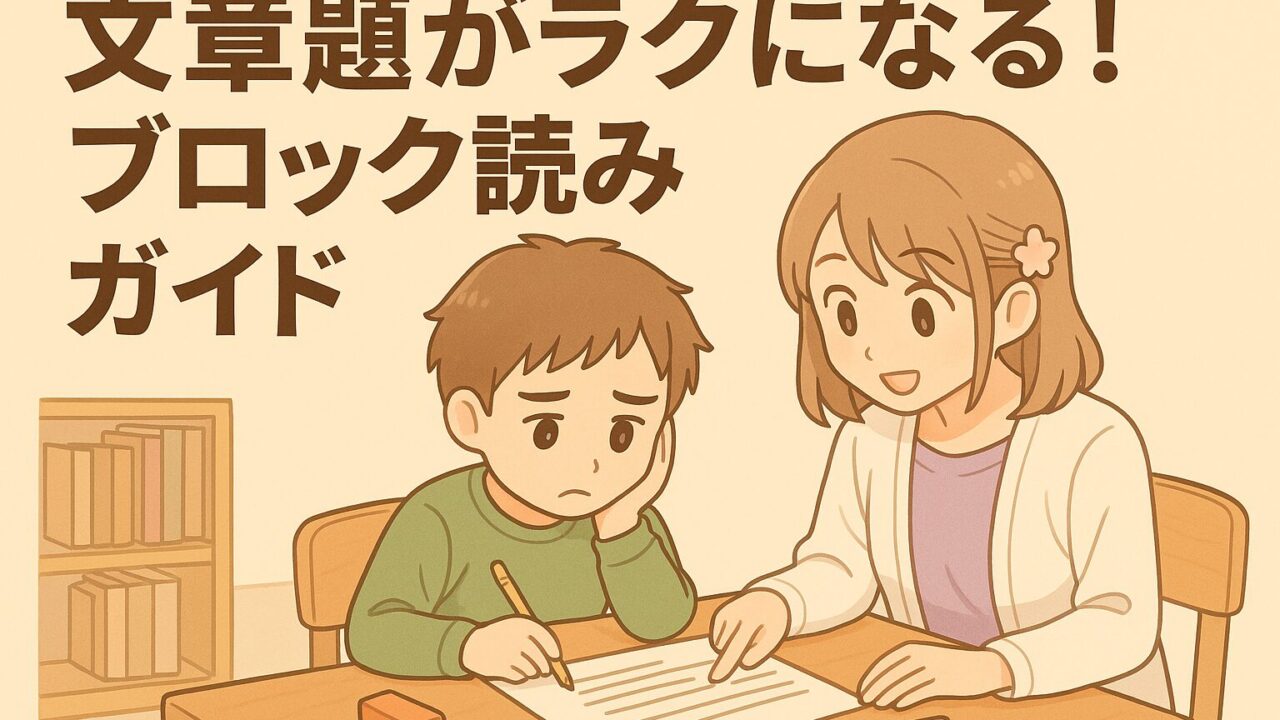 文章題が苦手な子どもに、先生が優しくブロック読みを教える場面を描いた挿絵。ブロック読みガイドの理解を助けるアイキャッチ用画像。