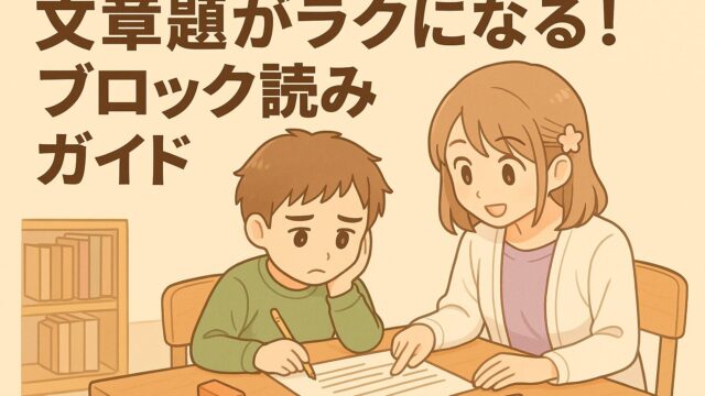 文章題が苦手な子どもに、先生が優しくブロック読みを教える場面を描いた挿絵。ブロック読みガイドの理解を助けるアイキャッチ用画像。